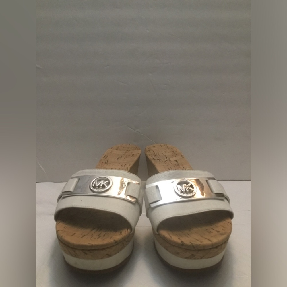 Michael Kors White Slide Wedge Sandals with Silver Logo - Picture 3 of 16